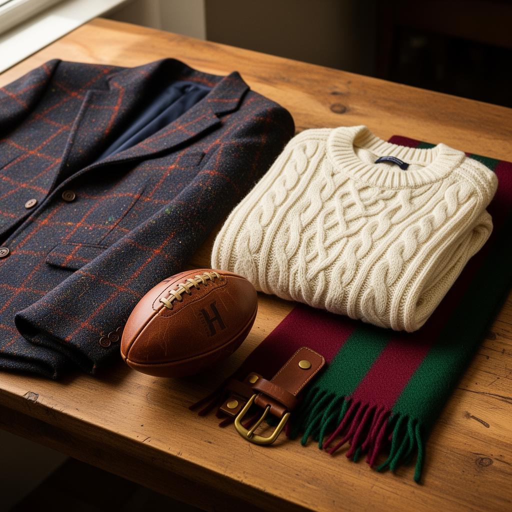 Heritage menswear flat lay: tweed jacket, cable knit, leather rugby ball and brass-buckle belt